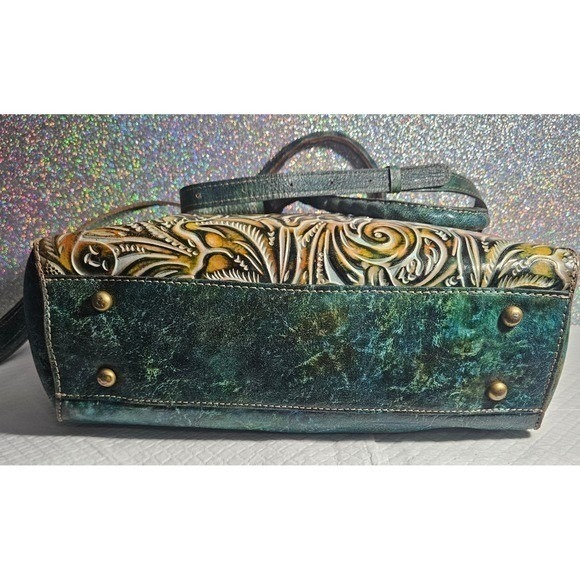 Patricia Nash Tooled Leather Satchel Convertible Hand / Shoulder Bag Teal Floral - Picture 5 of 16